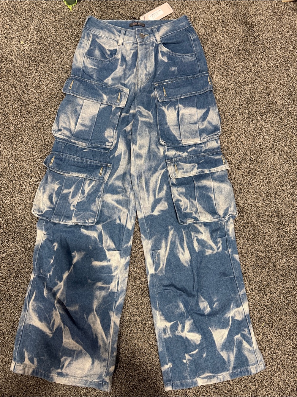 Tie-Dye Blue Straight-Leg Cargo Jeans - Women's